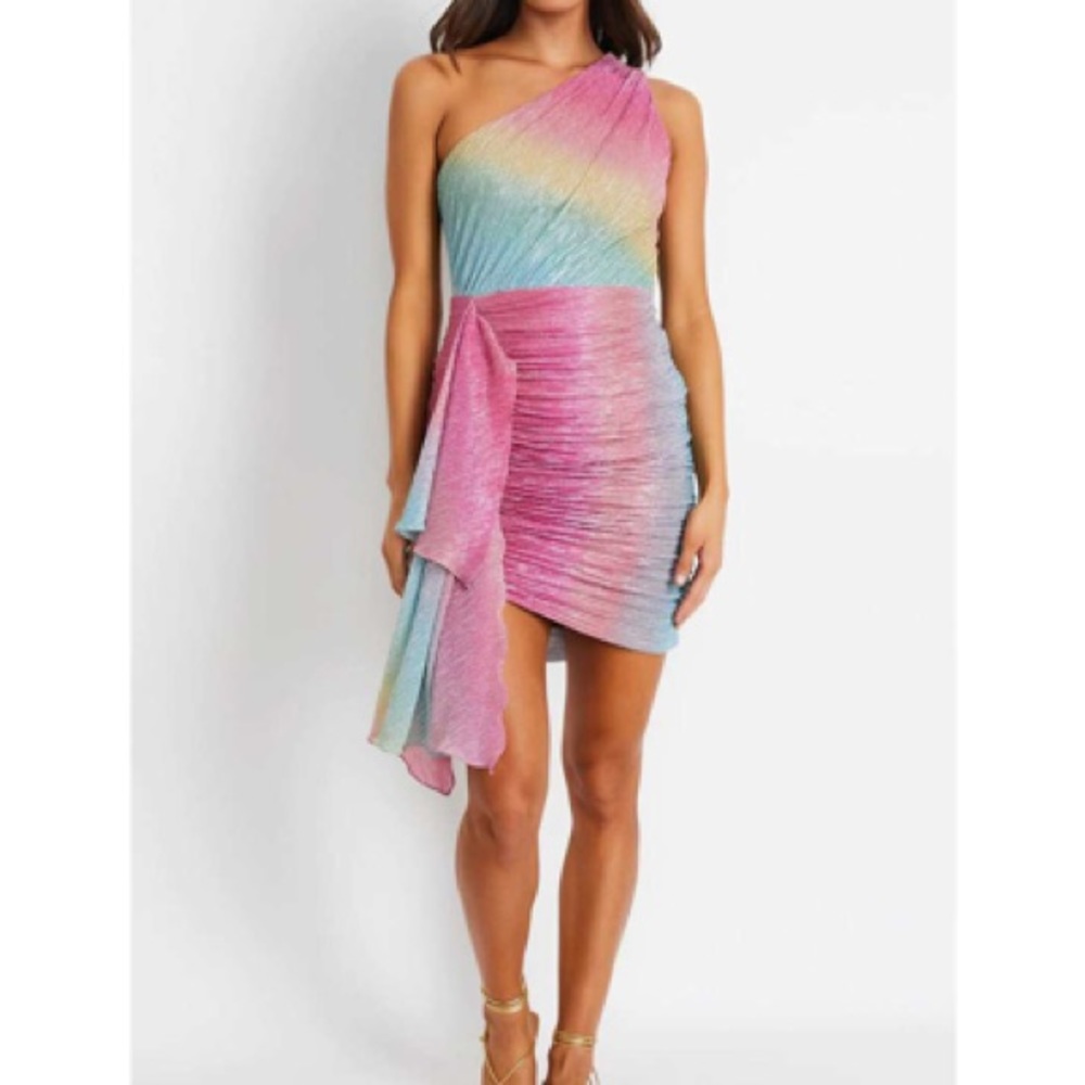 PATBO - PRISM LUREX ONE SHOULDER MINI DRESS Rainbow, Disco, ruched